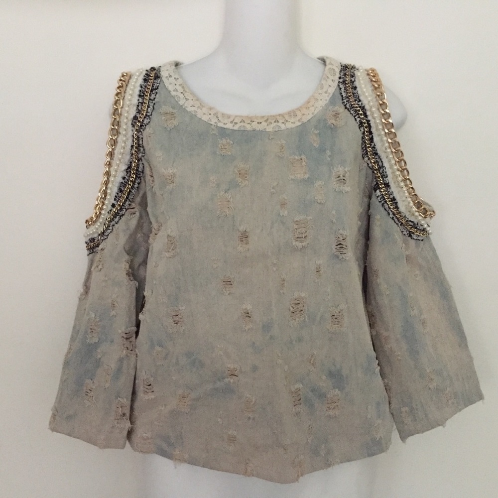 HOMMAGE Denim Jean Blouse Size Small Beads Chain